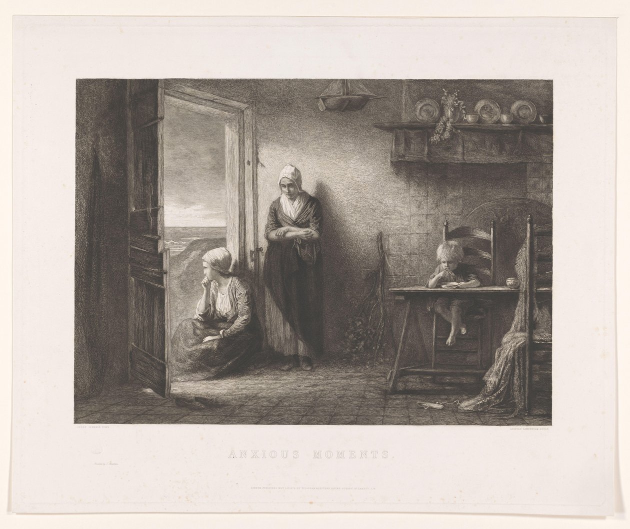 Kum tepelerinde bir balıkçı evinde iki kadın ve bir çocuk Fırtınadan sonra Endişeli Anlar (nesne üzerindeki başlık) by Leopold Lowenstam