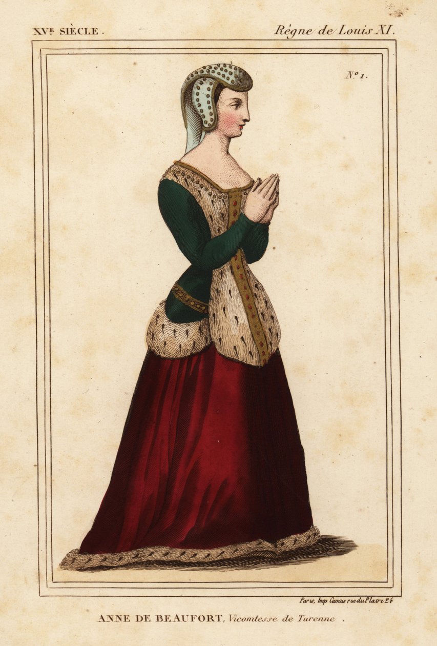 Anne Rogier de Beaufort, Vickontes de Turenne 1435-1479. Roger de Gaignieres#39;in portfolyosu VI 11#39;de, Le Bibliophile Jacob, namı diğer Paul Lacroix#39;nin Kostümleri Historiqu#39;ünde, Cordelieres de Nantes kilisesindeki paslanmaz cam pencerenin ardı by Leopold Massard