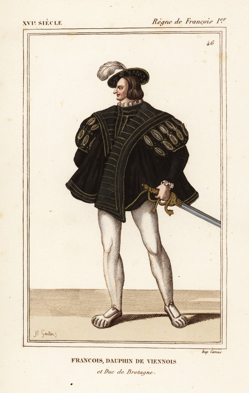 Francis III, Brittany Dükü 1518-1536. Francois, Viyana Dolphin ve Brittany Dükü. Roger de Gaignieres#39;in Portföy VIII 14#39;ündeki bir portreden sonra JB Gautier tarafından elle renklendirilmiş litografi, Le Bibliophile Jacob namı diğer Paul Lacroix#39;n by Leopold Massard
