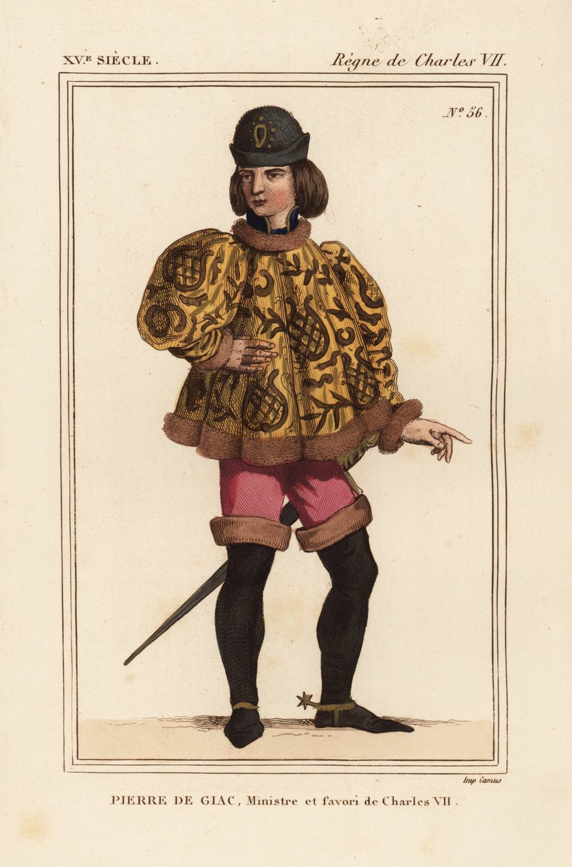 Pierre de Giac, Chamberlain#39;den Kral VII. Charles#39;a, 1377-1426 arası. Dun-Le-Roi#39;de boğularak idam edildi. Mahoit kollu kısa bir cüppe, pembe pantolon ve mahmuzlu çizmeler giyiyor. Bir el yazması Histoire du#39;daki bir minyatürden sonra elle renk by Leopold Massard