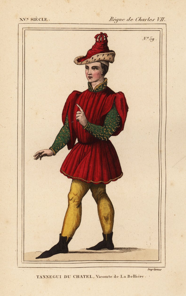 Tanneguy IV du Chatel, Viscount de la Belliere, II. Francis Oteli Büyük Üstadı, Brittany Dükü, d. 1477. Le Bibliophile#39;den Roger de Gaignieres#39;in portfolyosu VI 132#39;de Esther ve Mordecai#39;yi tasvir eden bir duvar halısındaki figürden sonra elle  by Leopold Massard