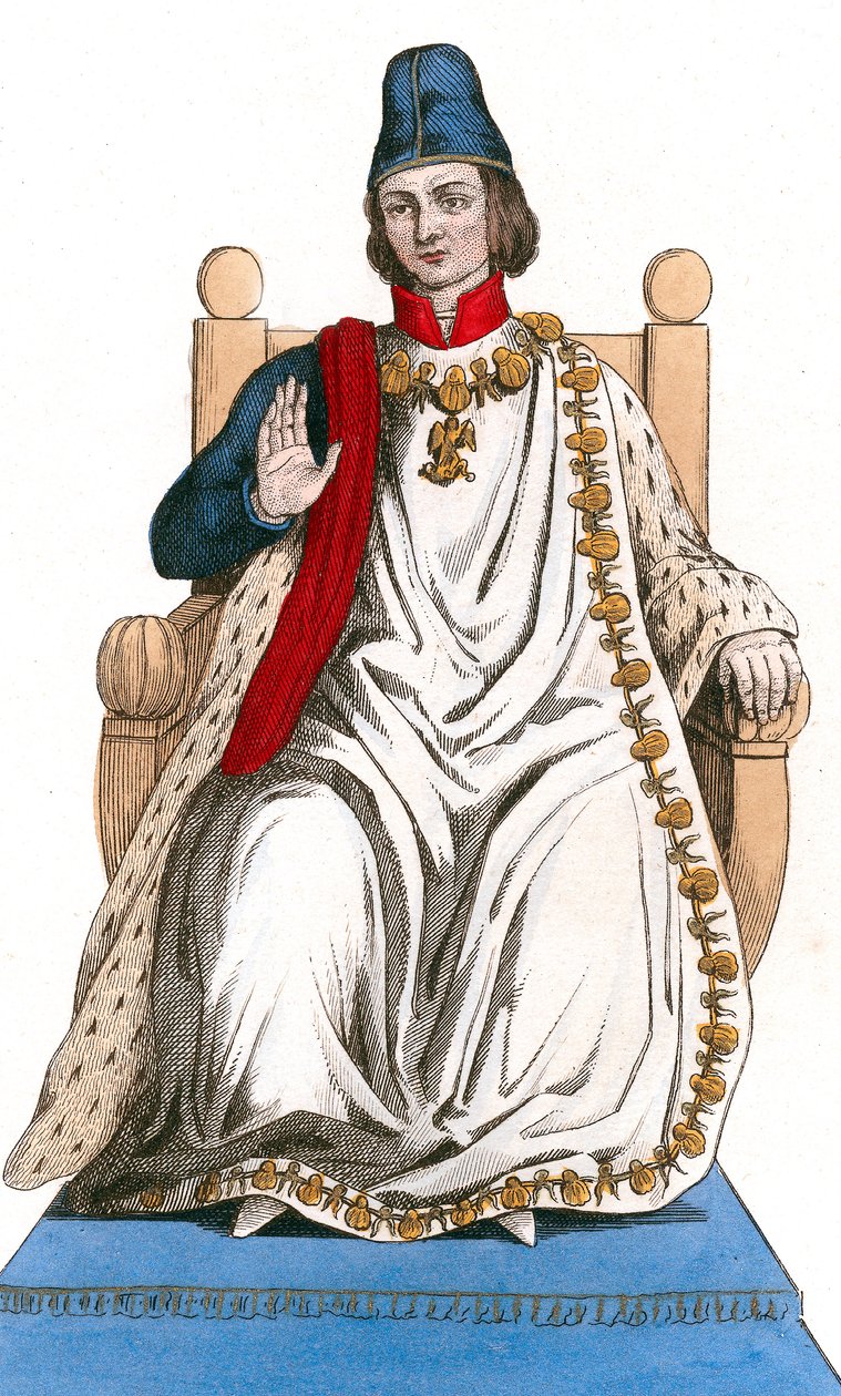 Fransa Kralı XI. Louis Saint Michel#39;in sipariş ettiği takım elbiseyi giyiyor by Leopold Massard