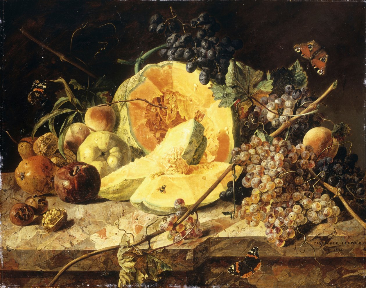 Meyve, fındık ve böceklerle dolu bir Natürmort, 1835 by Leopold Zinnogger