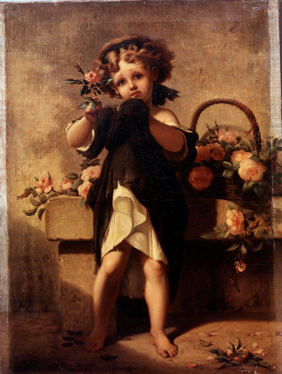 Güllü küçük bir kızın tam boy portresi Boyama Leopold Moulignon (1821-1897) 19. yüzyıl . by Leopold de Moulignon