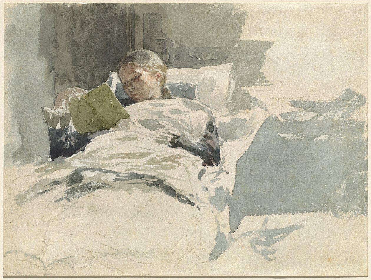Sanatçının Karısı Yatakta Kitap Okuyor by Leopold von Kalckreuth