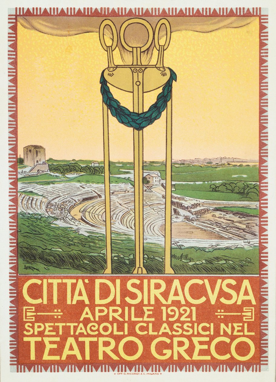 Syracuse, İtalya'nın Yunan arenasında tiyatro sezonu için reklam afişi by Leopoldo Metlicovitz