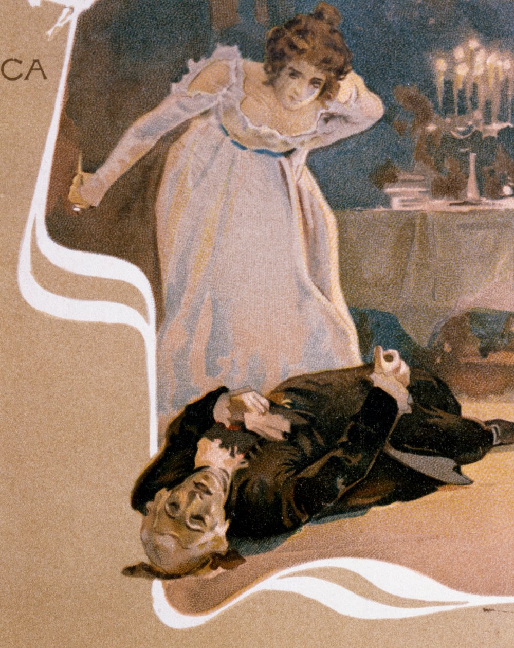 Leopoldo Metlicovitz (1868-1944) tarafından resmedilen ve Tosca'dan sahneleri gösteren kartpostal, Giacomo Puccini'nin operası (1858-1924) by Leopoldo Metlicovitz