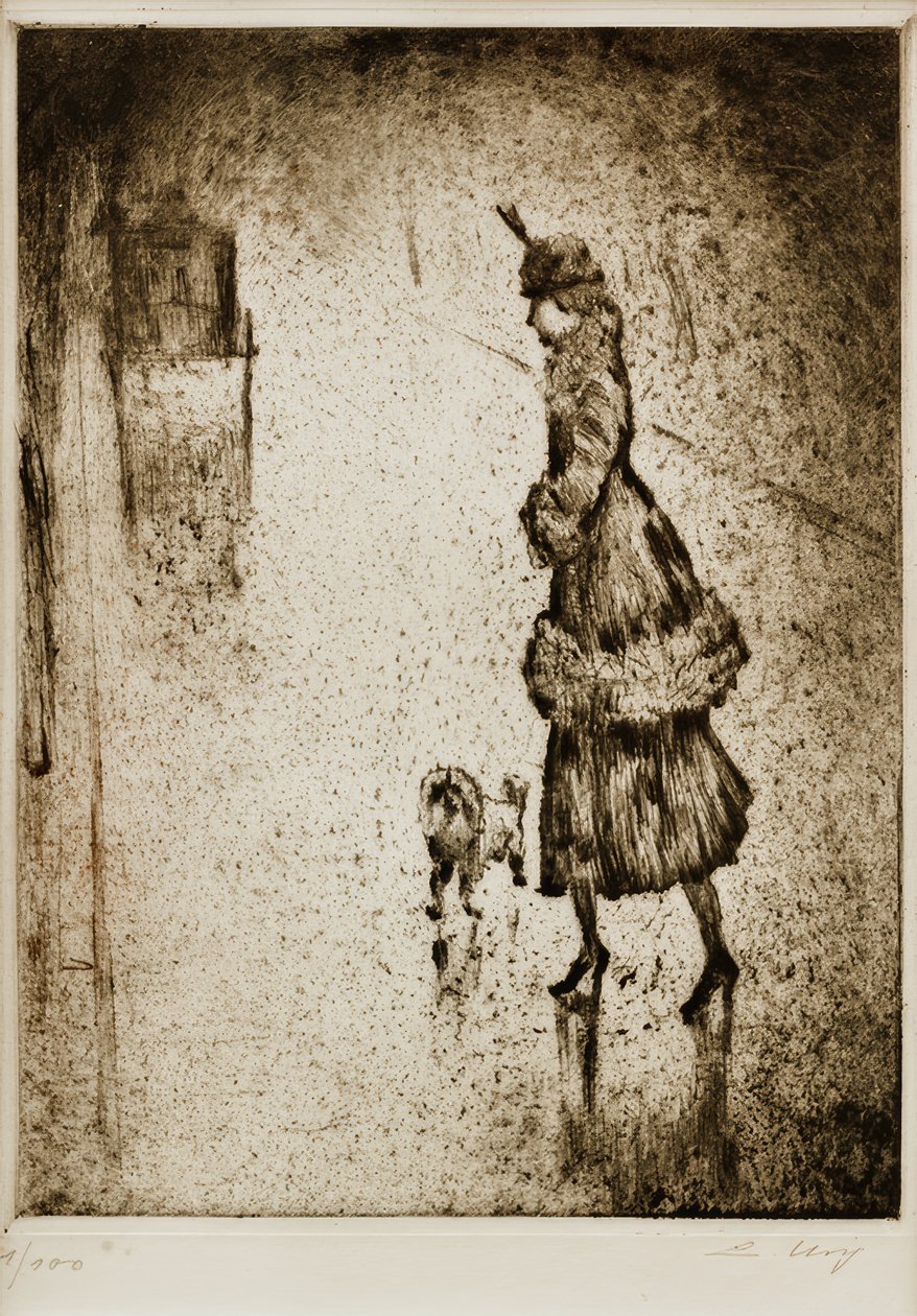 Islak bir sokakta bir fino köpeği olan bayan (taksi solda) by Lesser Ury