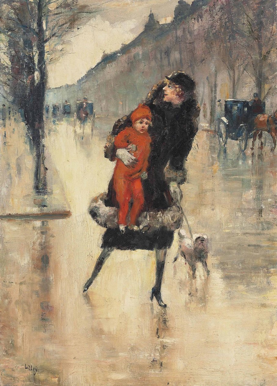 Bir sokak geçidi üzerinde çocuklu anne by Lesser Ury