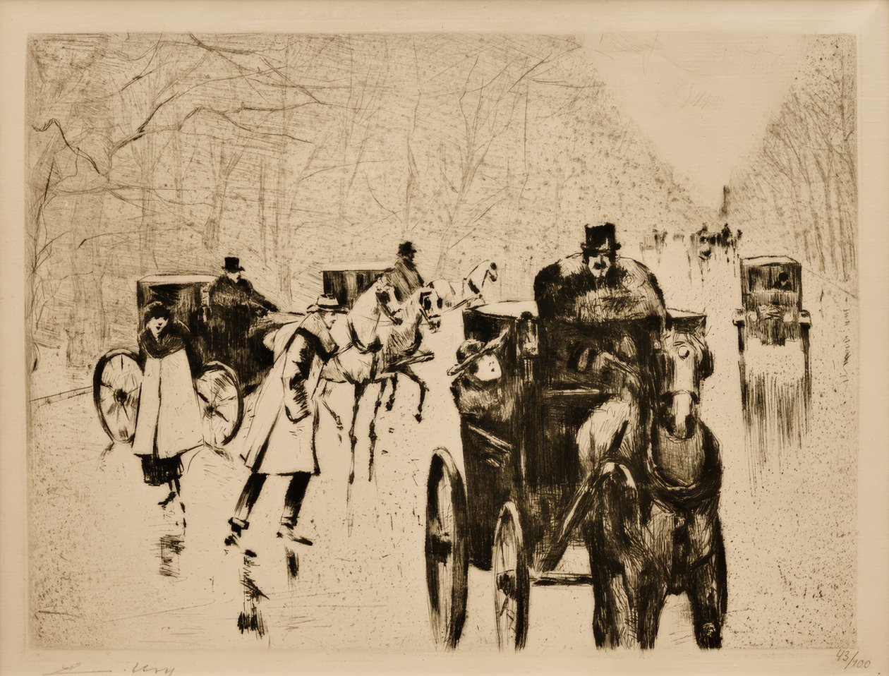 At arabaları bulunan kış hayvanat bahçesi caddesi by Lesser Ury