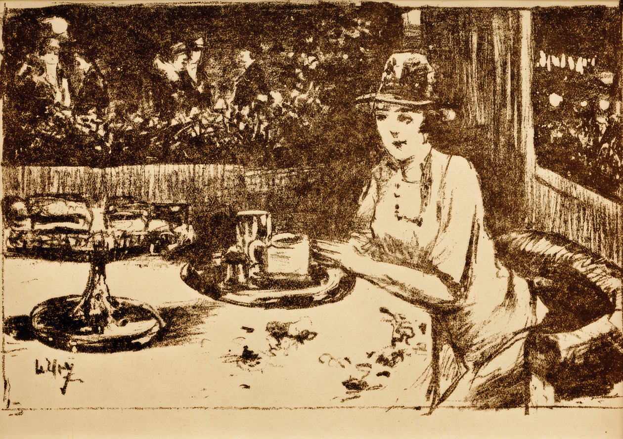 Kahve evinde. Verandada masada bayan by Lesser Ury