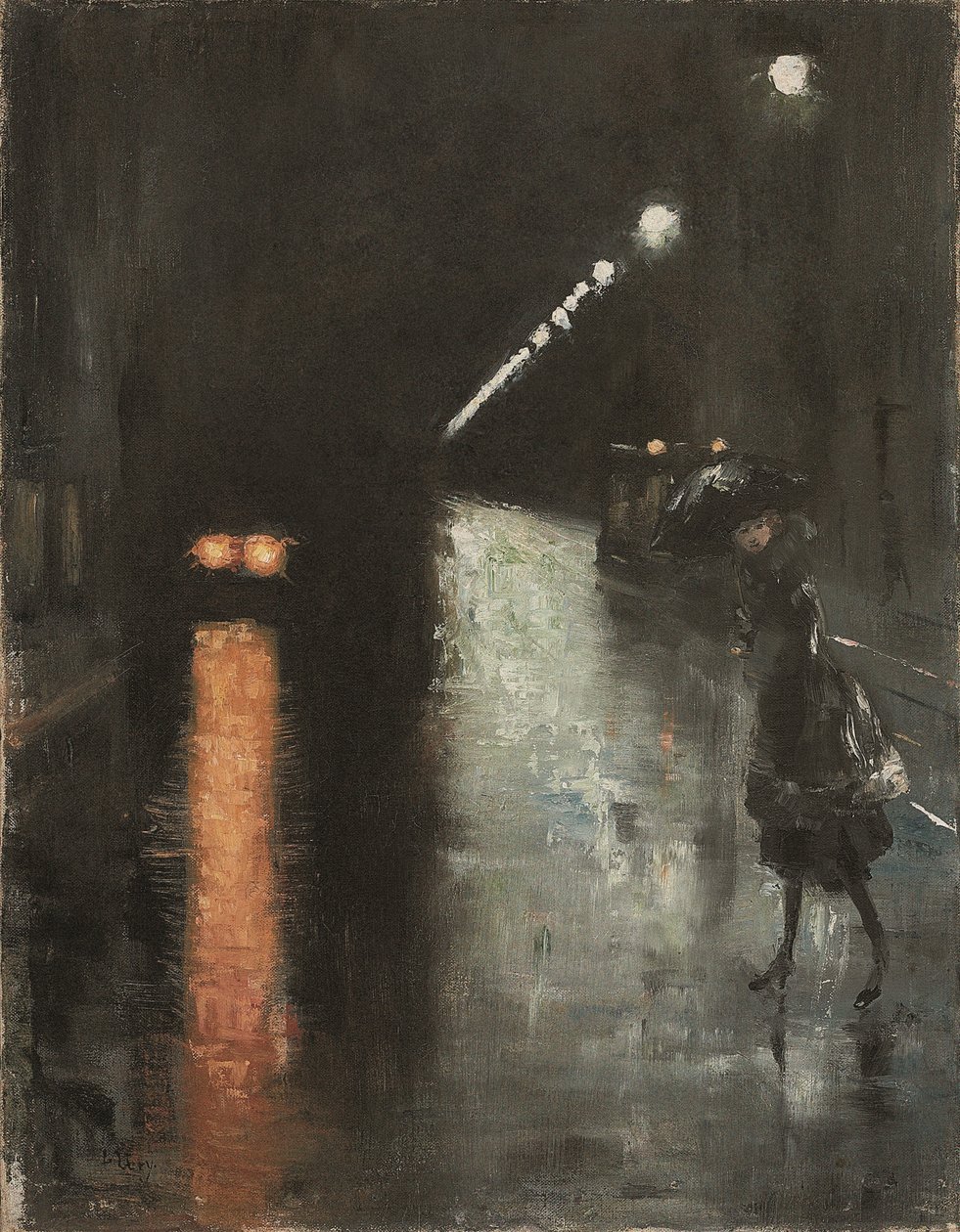 Gece sokak sahnesi, Berlin (Leipziger Strasse?), 1920 dolayları (tuval üzerine yağlı boya) by Lesser Ury
