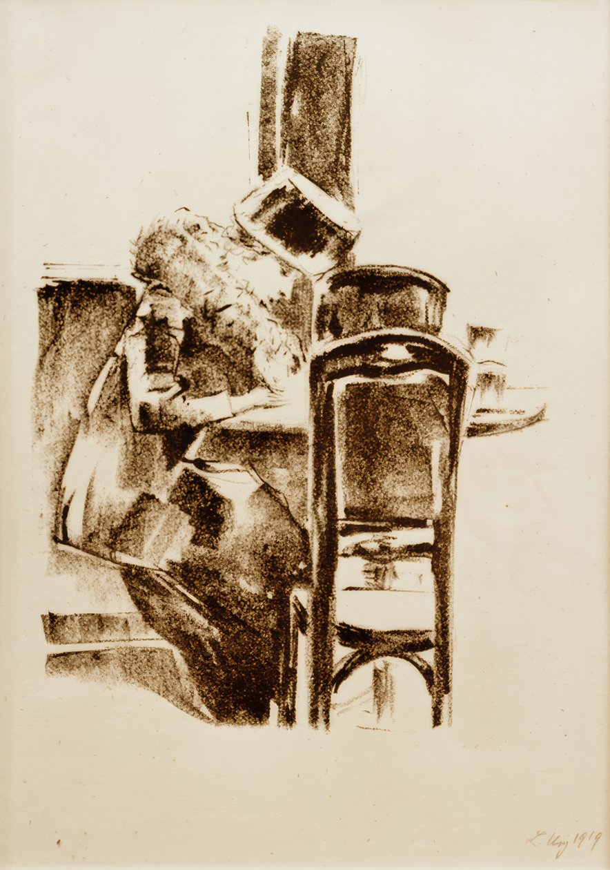 Kafede şapkalı ve boalı bayan yazma by Lesser Ury