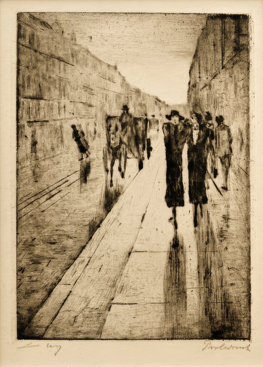 At arabasının önünde yağmurda yürüyenler by Lesser Ury