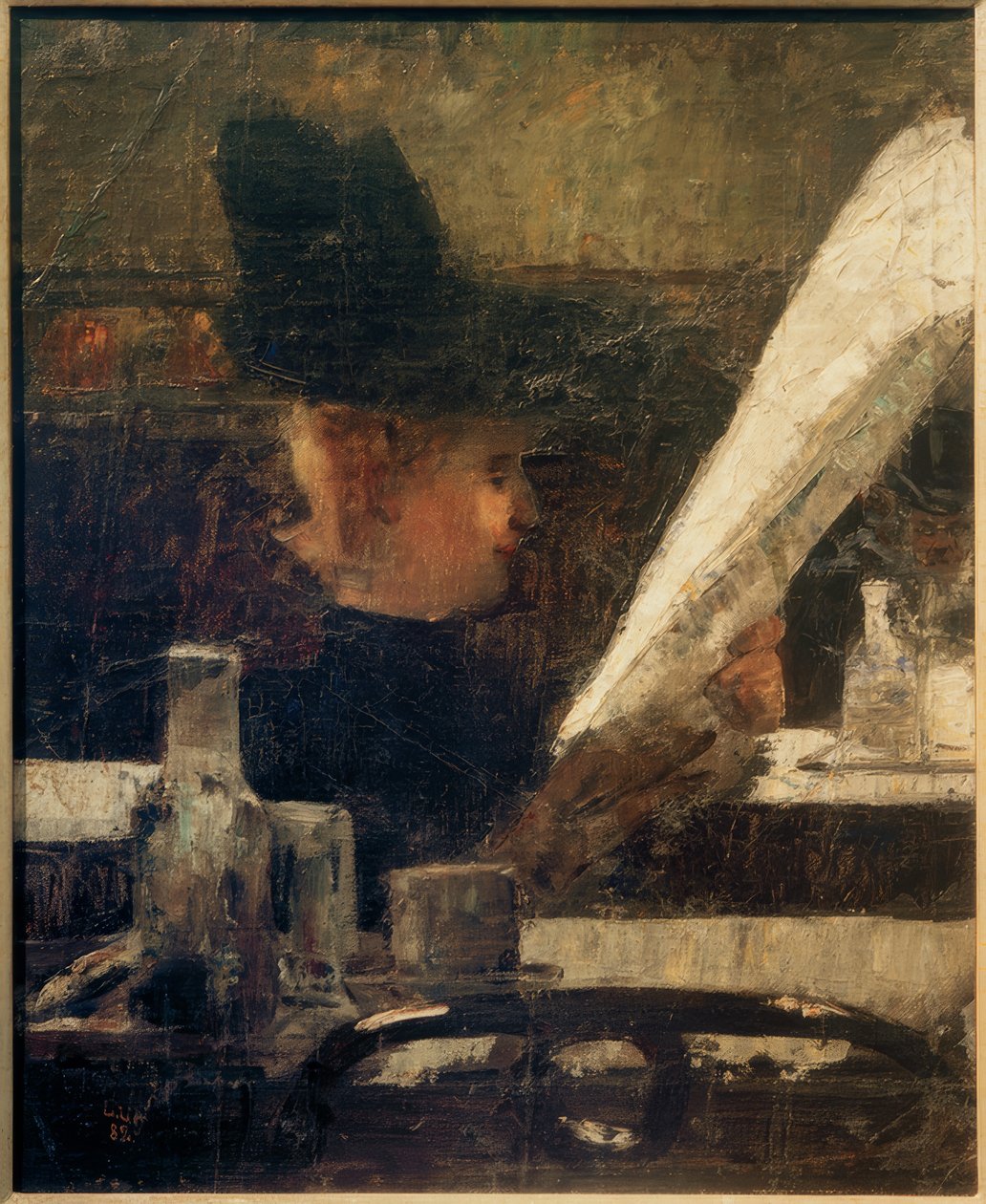 Kafede gazete okuyucusu (kafede bayan) by Lesser Ury