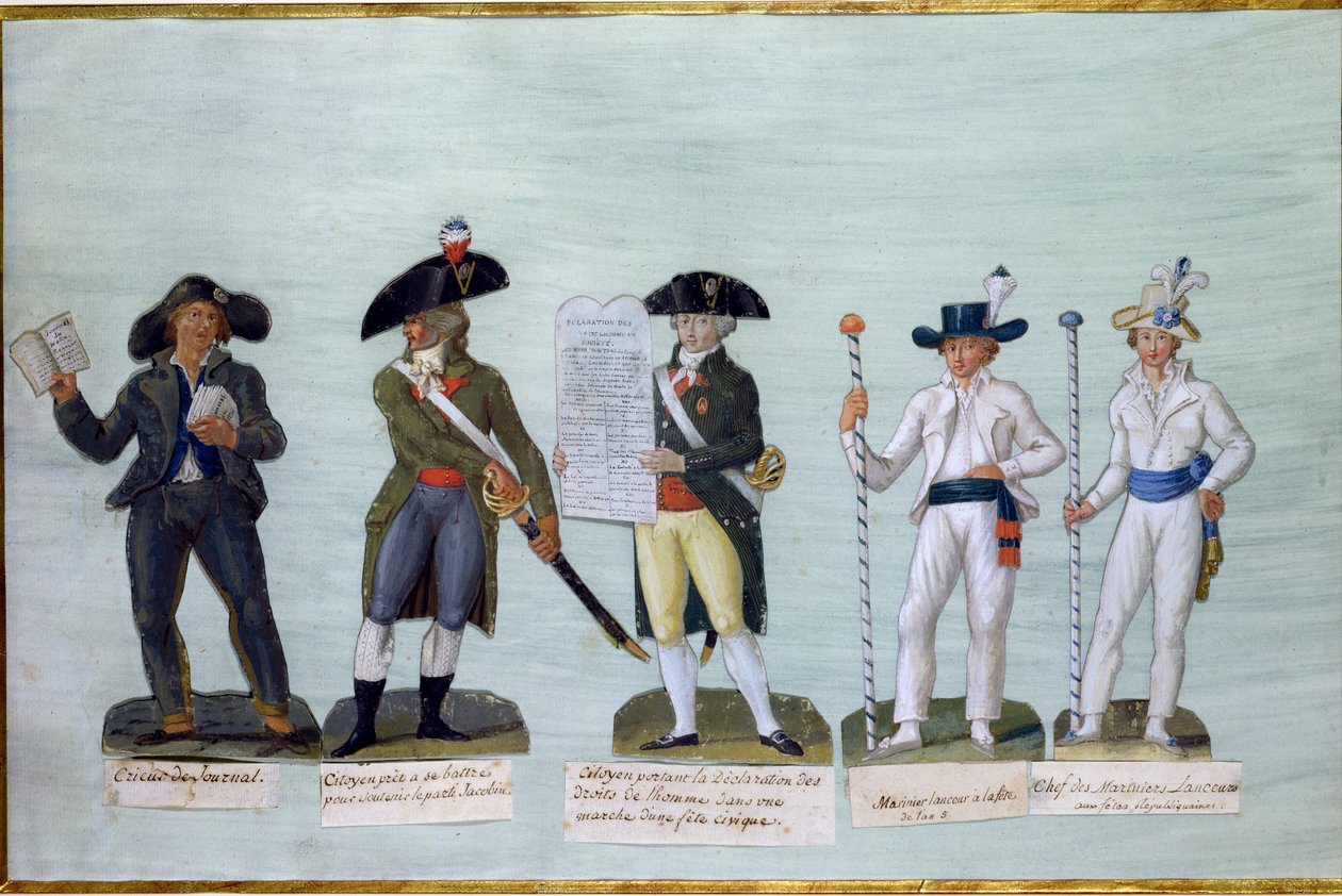 Bir Gazete Satıcısı, Savaşmaya Hazır Bir Vatandaş, İnsan Hakları Bildirgesi Taşıyan Bir Vatandaş ve İki Bargemen (kartta guaj) by Lesueur Brothers
