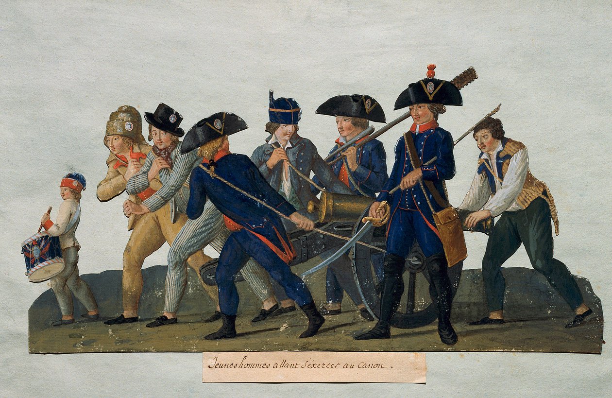 Fransız Devrimi: “” Kanonla pratik yapacak genç adamlar””” Lesueur kardeşler tarafından yapılan gravür (18. yüzyıl). Paris, Musee Carnavalet by Lesueur Brothers