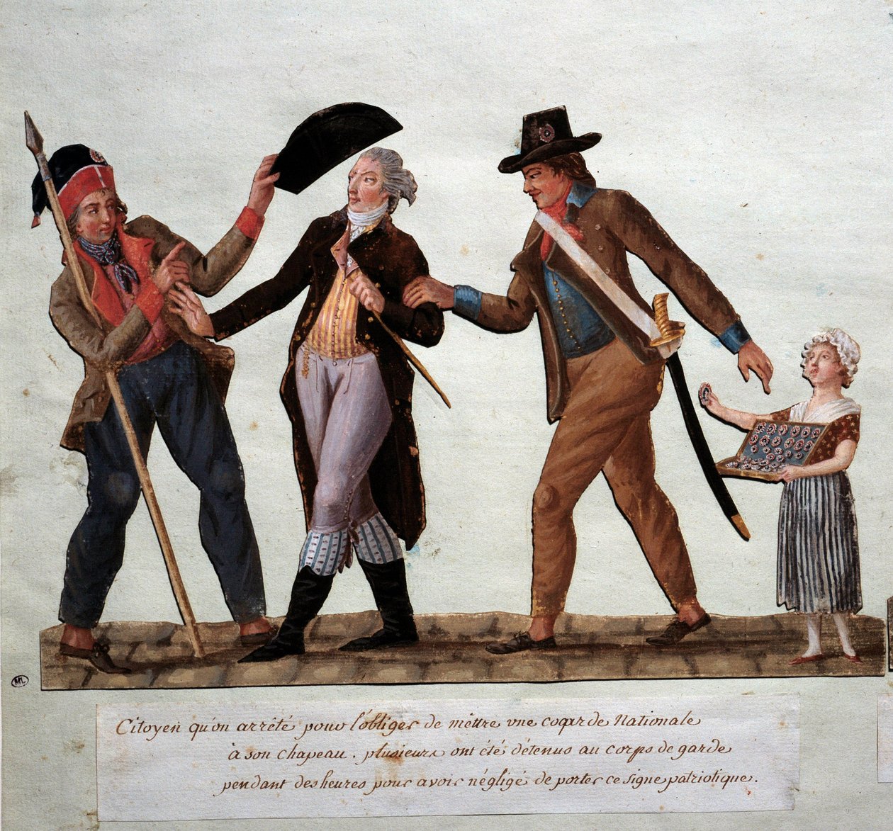 Fransız Devrimi: “” vatandaş onu şapkasına ulusal bir horoz takmaya zorlamak için tutuklanır”” Gouache des freres Lesueur (18. yüzyıl) Musee Carnavalet, Paris by Lesueur Brothers