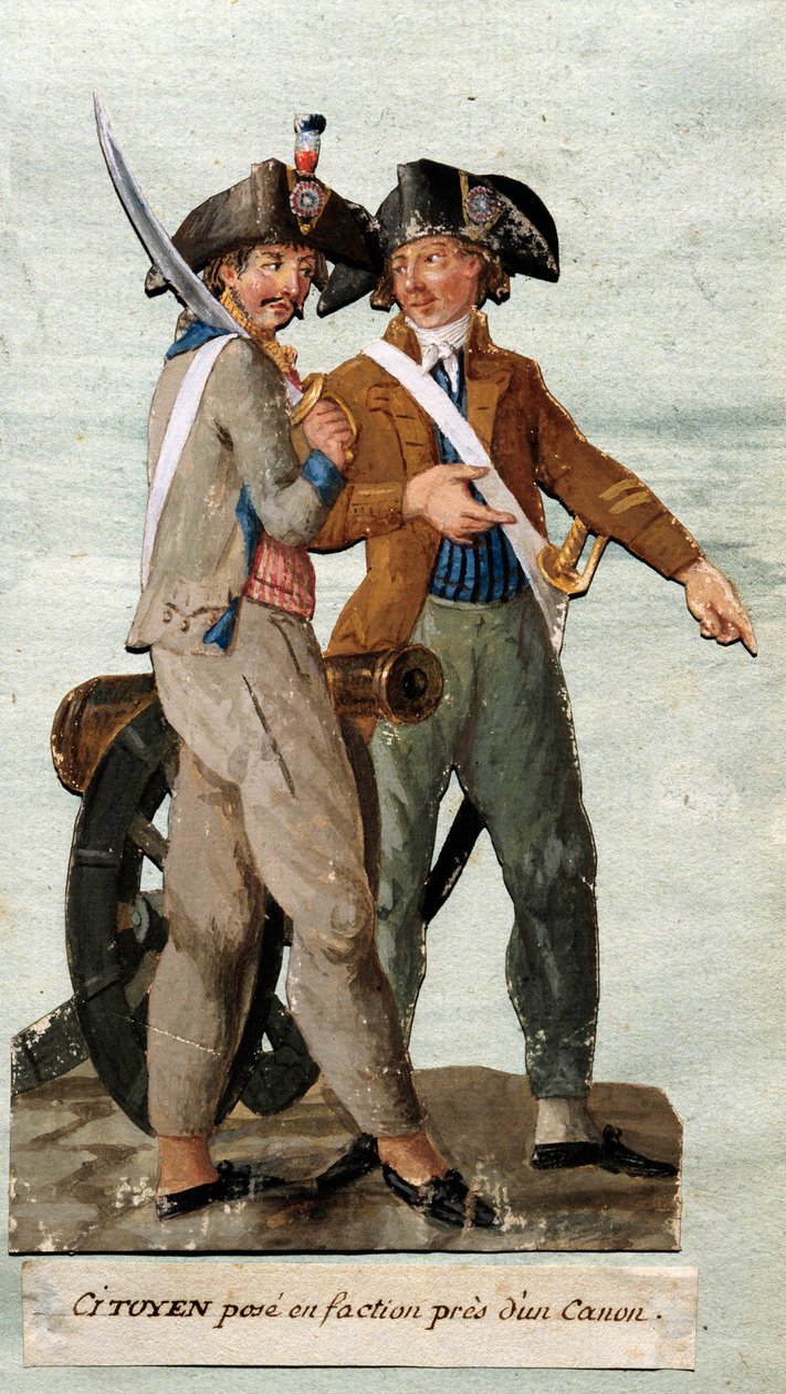 Fransız Devrimi: “vatandaş bir topun yanında hizip halinde poz veriyor”. Lesueur kardeşlerin guajı. 18. yüzyıl. Musee Carnavalet, Paris by Lesueur Brothers