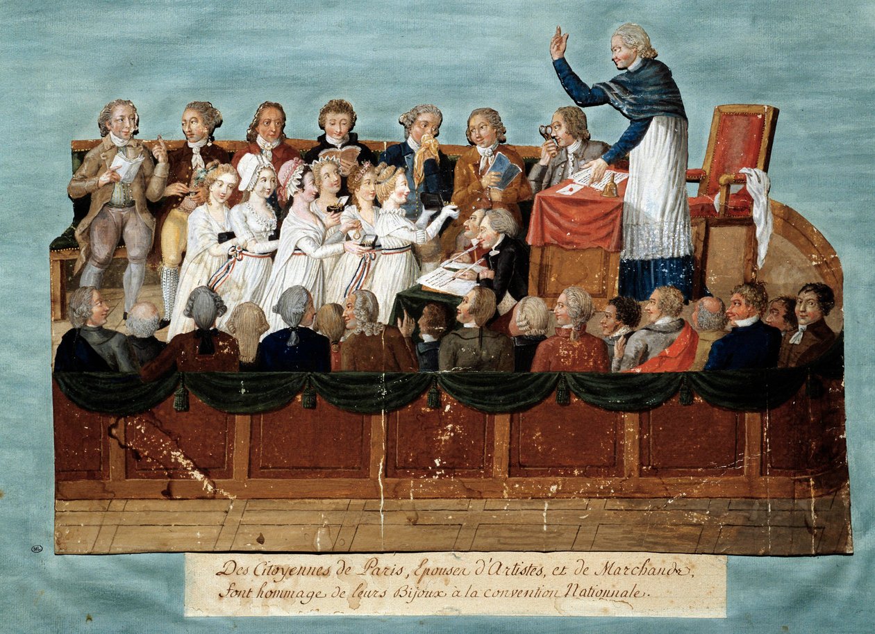 Fransız Devrimi: “” Ulusal Konvansiyona mücevherlerini sunan Paris vatandaşları”” Illustration des Freres Lesueur (18. yüzyıl). 1792-1795. Paris, musee Carnavalet - İngiliz Devrimi - Paris vatandaşları mücevherlerini Nati