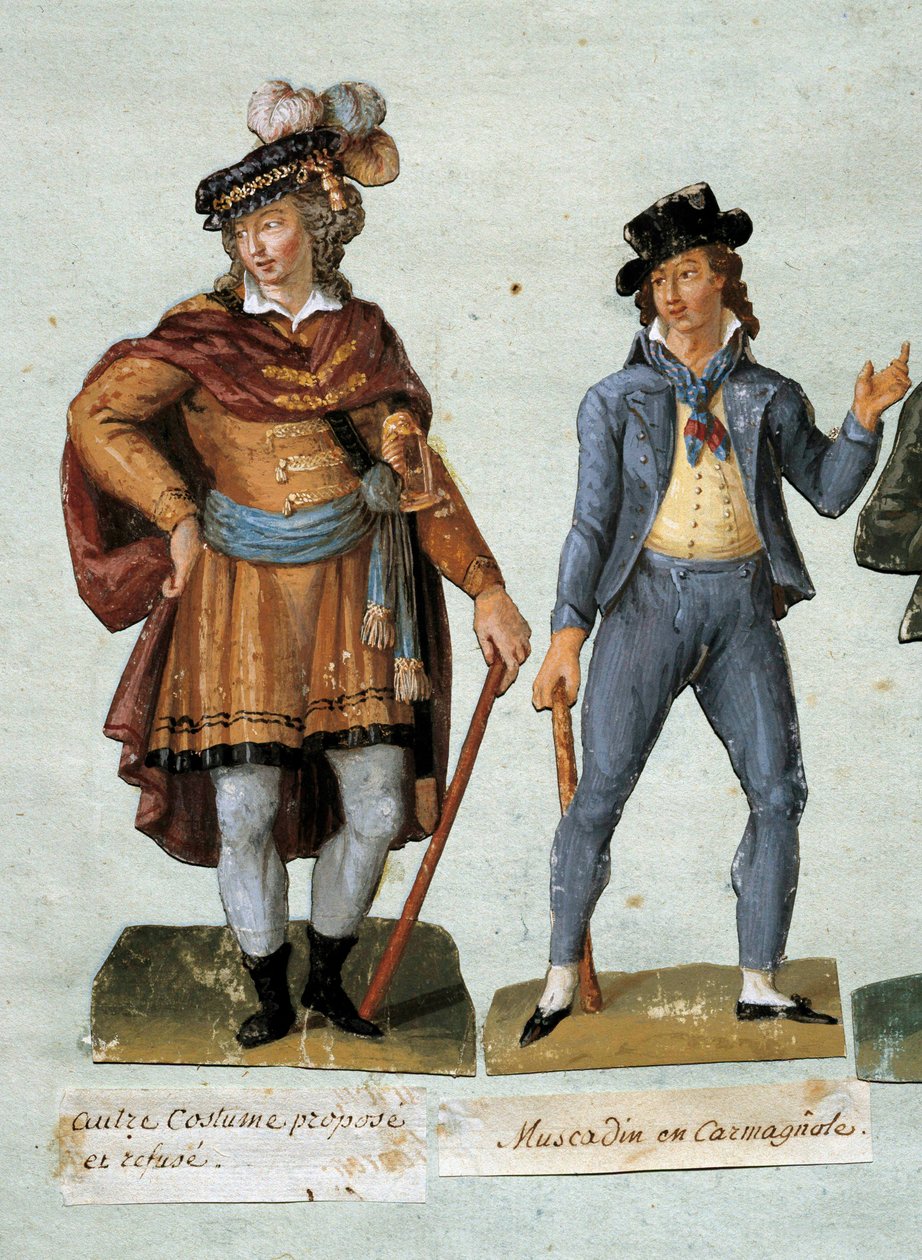 Fransız Devrimi: hayali kralcı dandys (muscadin) kostümleri reddediyor. Guaj des freres Lesueur (18. yüzyıl) Musee Carnavalet by Lesueur Brothers