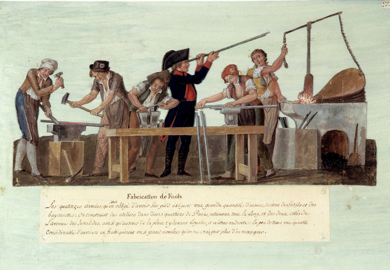 1789 Fransız Devrimi: “tüfek imalatı” Demirciler tarafından silah üretiminin farklı aşamaları. Guaj des freres Lesueur by Lesueur Brothers