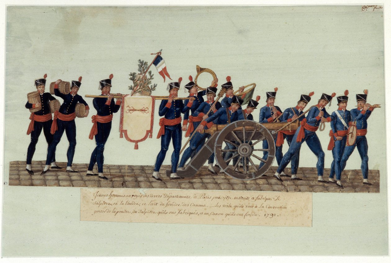 1789 Fransız İhtilali: “” Konvansiyona taşıyan gençlerin, yaptıkları barut, salpetre ve erittikleri bir top. Guaj des freres Lesueur (18. yüzyıl) by Lesueur Brothers