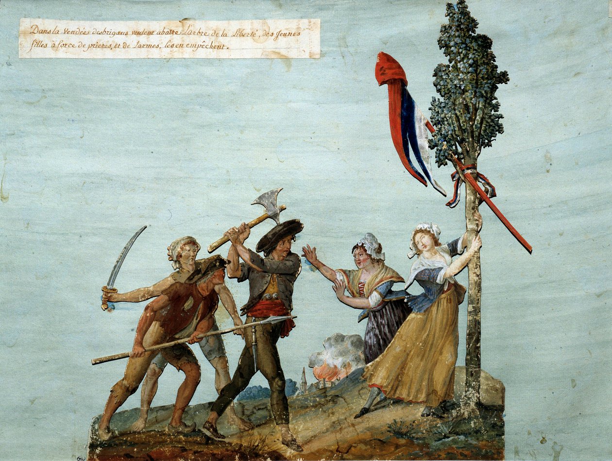 Fransız Devrimi: “” Soyguncular Liberte ağacını vurmaya çalışıyorlar, genç kızlar gözyaşları içinde bunu yapmalarını engelliyor.” Bu, 1793