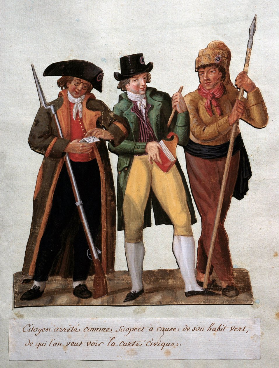 Fransız Devrimi “” şüpheli vatandaş yeşil alışkanlığı nedeniyle tutuklandı”” Gouache des freres Lesueur (18. yüzyıl). Musee Carnavalet, Paris by Lesueur Brothers