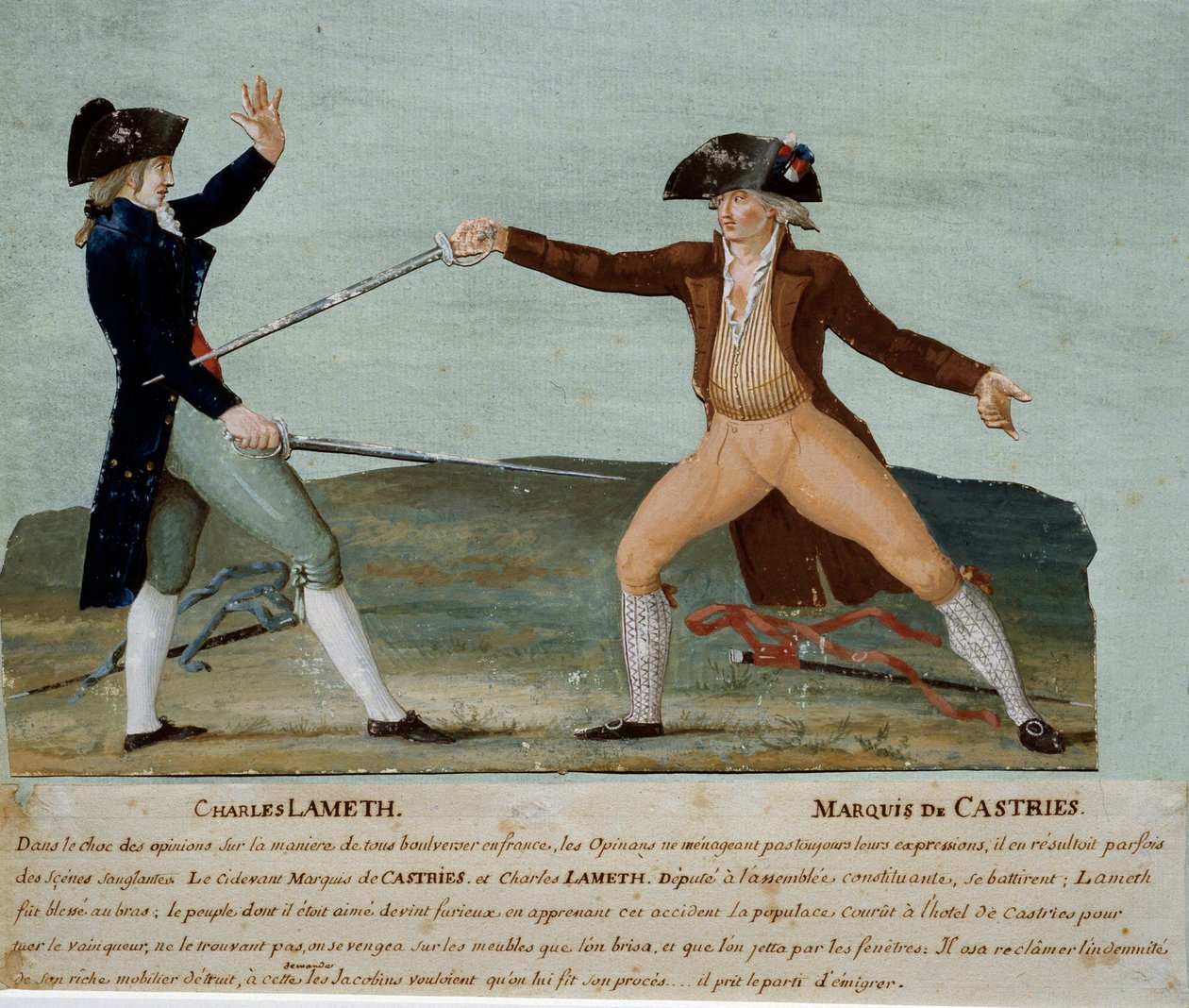 Fransız devrimi: Kurucu Meclis vekili Charles Lameth (1757-1832) ile 12 Kasım 1790'da soyluların vekili Marquis de Castries (1756-1842) arasındaki düello. İkincisi, Lameth'i yaraladı ve Jakobenler, otelini öfkelendirdi. . Guaj boya by Lesueur Brothers