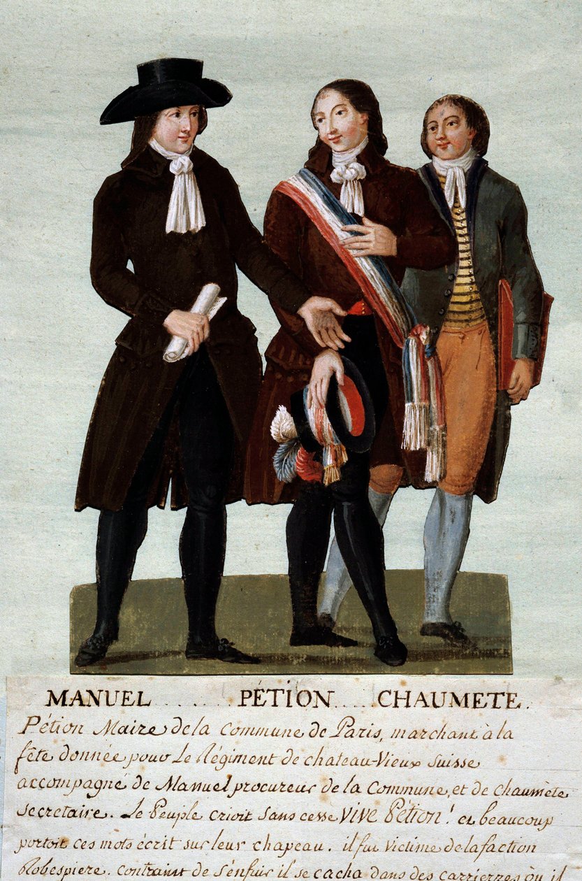 Fransız devrimi: devrimciler Jerome Petion (1756-1794), Jacques Antoine (Jacques-Antoine) Manuel (1775-1827) ve Pierre-Gaspard (Pierre Gaspard) Chaumette dit Anaxagoras (1763-1794), dizginsizlerin sözcüsü. Lesueur kardeşler tarafından guaş (18. by Lesueur Brothers