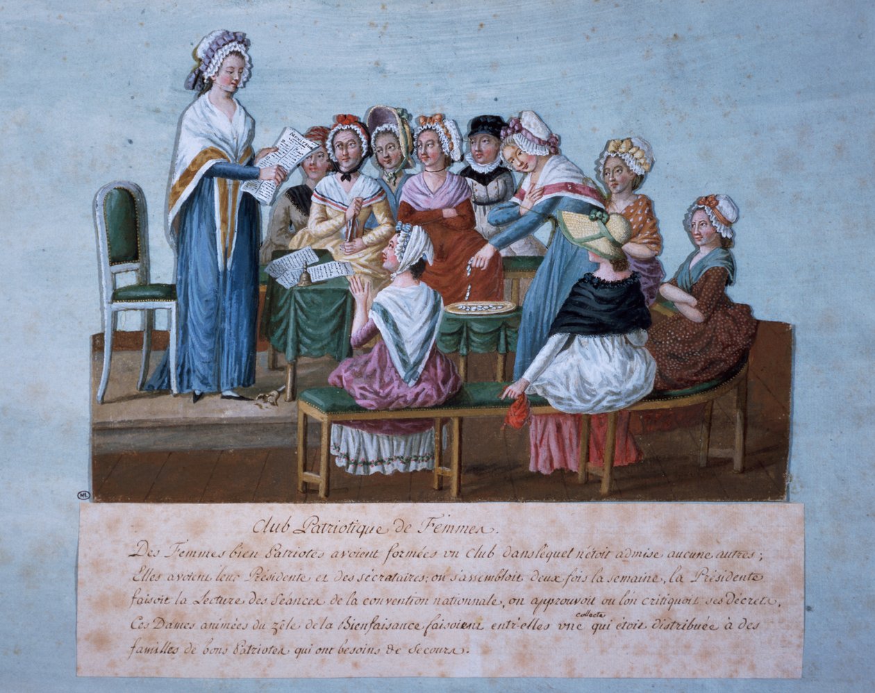 Vatansever kadınlar kulübünün buluşması, Jean-Baptiste Lesueur, renkli baskı, Fransa, Fransız Devrimi by Lesueur Brothers