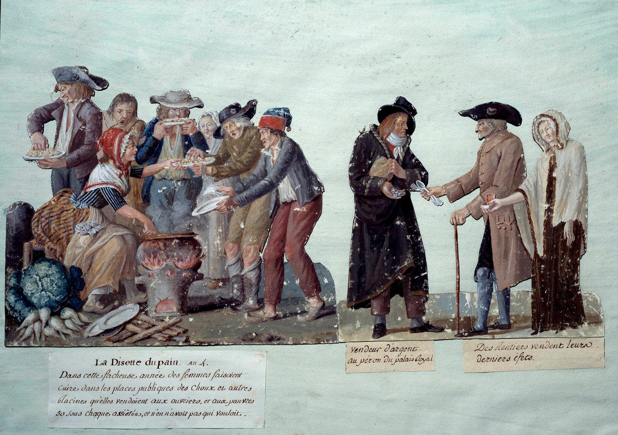 Fransız Devrimi Sahneleri: “Ekmek kıtlığı, para satıcısı ve etkilerini satan rantçılar””. Lesueur kardeşlerin guajı, yaklaşık 1789. Musee Carnavalet, Paris by Lesueur Brothers