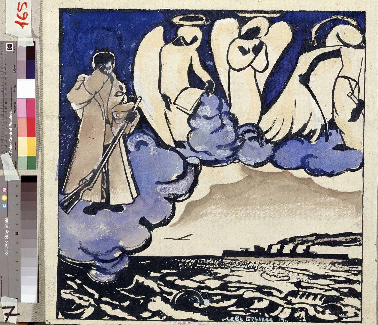 ""Savaş. Rusya. 1914"" Birinci Dünya Savaşı Alegorisi. Bir asker ve melekler. Kalem ve guaj, Lev Bruni (1894-1948) 1914 Devlet Tarih, Mimarlık ve Sanat Müzesi, Rybinsk, Rusya by Lev Aleksandrovitc Bruni