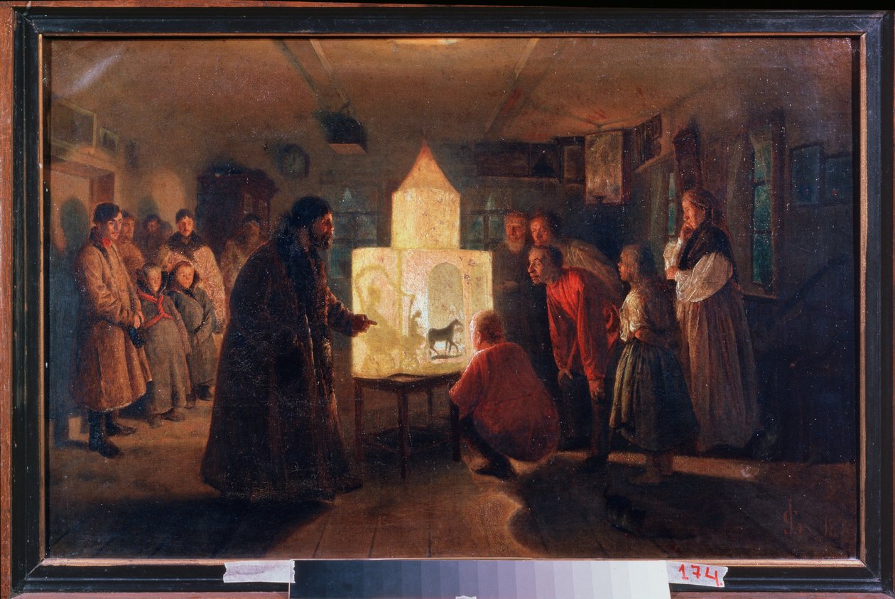 Köylü Evinde Sihirli Fener - Lev Grigorievich Solovyev (1837-1919) tarafından tablo, tuval üzerine yağlıboya by Lev Grigoryevich Solovyev