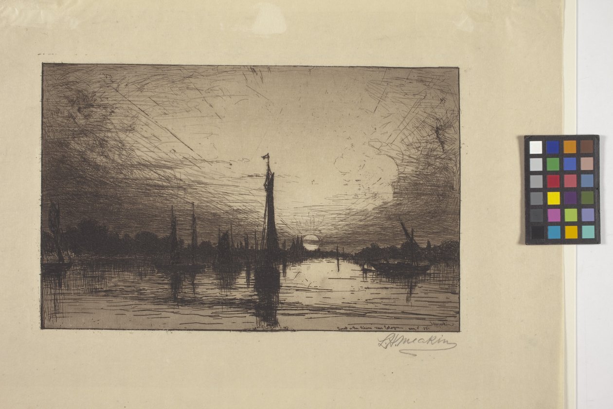 Köln Yakınlarındaki Ren Nehri'nde Gün Batımı (gravür) by Lewis Henry Meakin