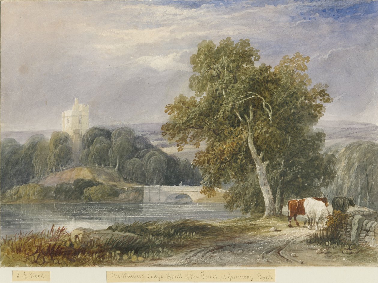 Greenway Bank - Warder's Lodge and Tower: sulu boya boyama, nd [c1830-1840] by Lewis John Wood