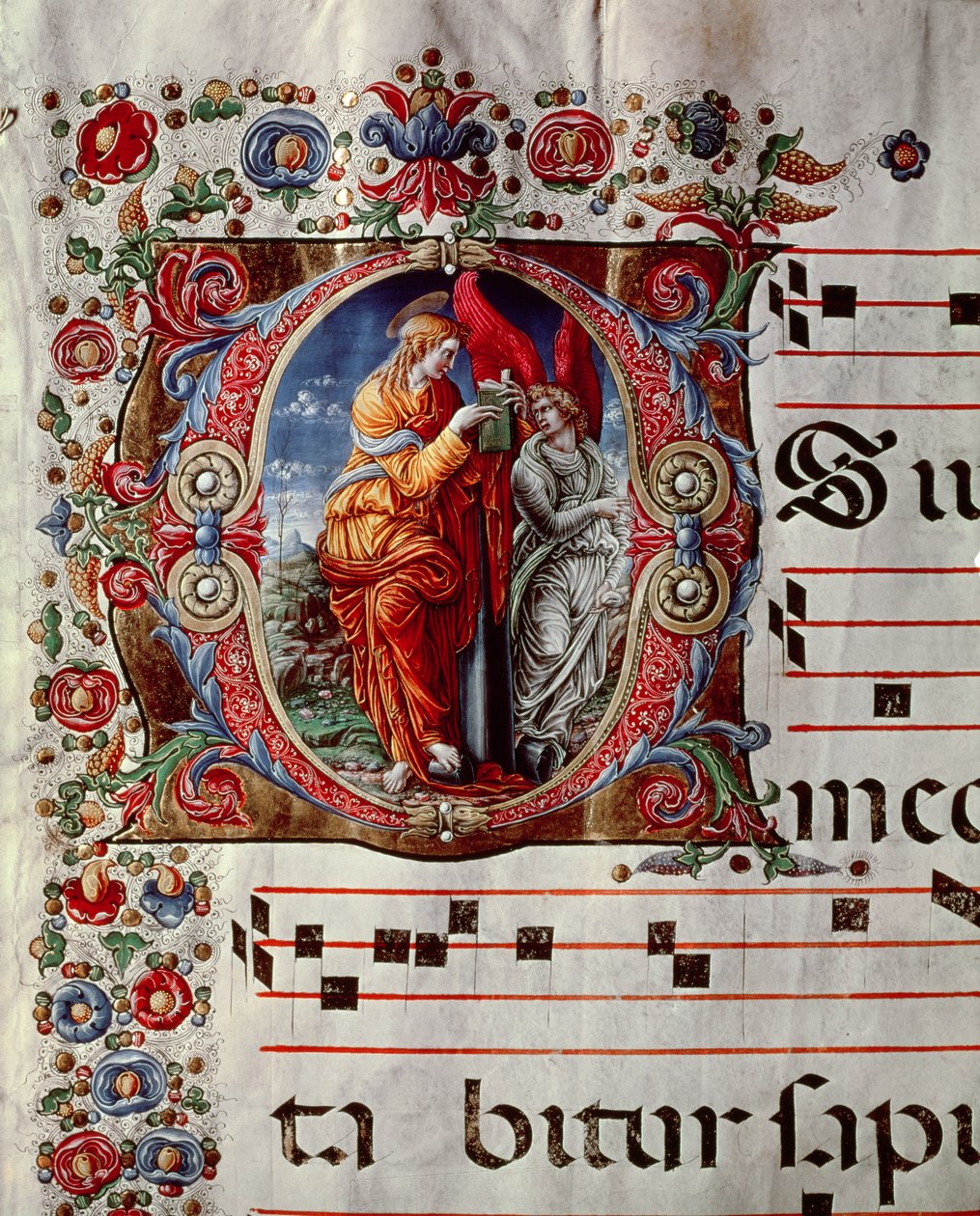 Müjde, tarihlendirilmiş ilk O, bir antifonalden bir sayfanın detayı, c.1473-79 by Liberale da Verona