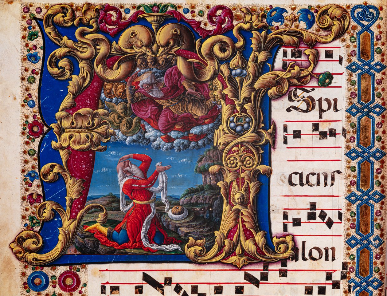 Piccolomini Kütüphanesi: koro kitabı, morina. 1.A, ff.4v ile “Vision of Isaiah”, yazan Liberale da Verona (yaklaşık 1445 - 1527/9). Detay. by Liberale da Verona
