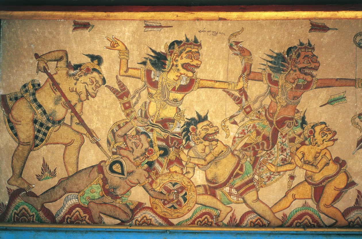 Tanrılar ve şeytanlar arasındaki savaş sahnelerini betimleyen freskler, Kertha Gosa pavyonu, Klungkung Sarayı (Puri Agung Semarapura), Semarapura, Bali, Endonezya by Unbekannt Unbekannt