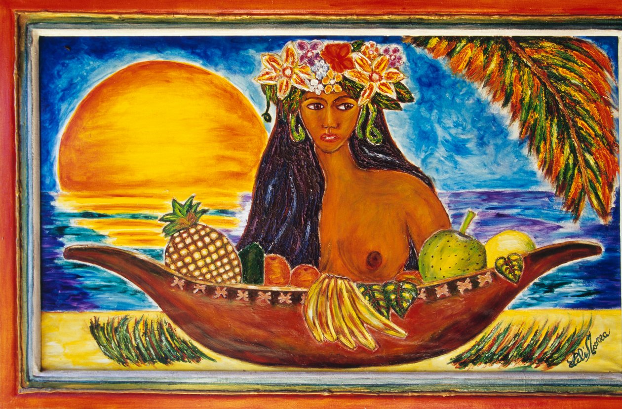 Polinezyalı kadını tasvir eden boyalı cam, Moorea adası, Society Adaları, Fransız Polinezyası (Fransız Cumhuriyeti