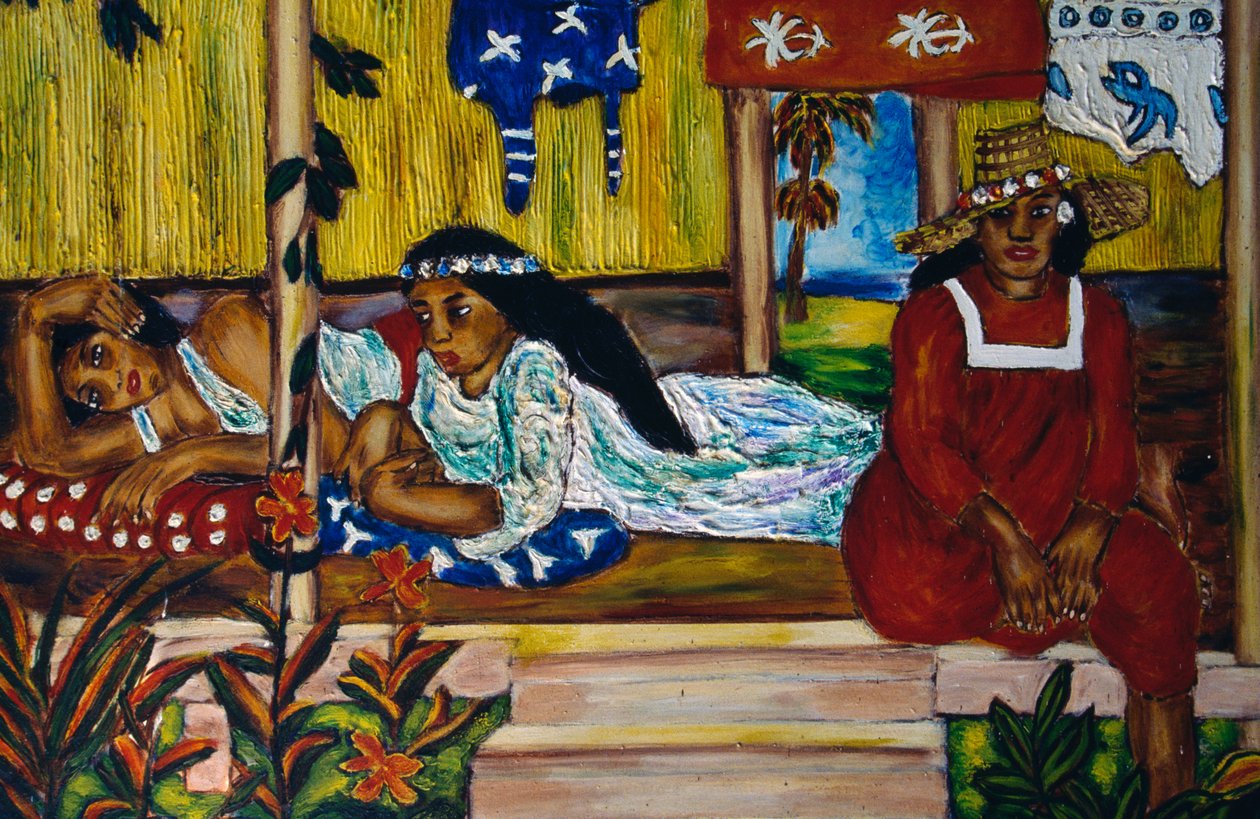 Polinezyalı kadınlar, vitray pencere, Moorea Adası, Toplum Adaları, Fransız Polinezyası, Fransız Cumhuriyeti