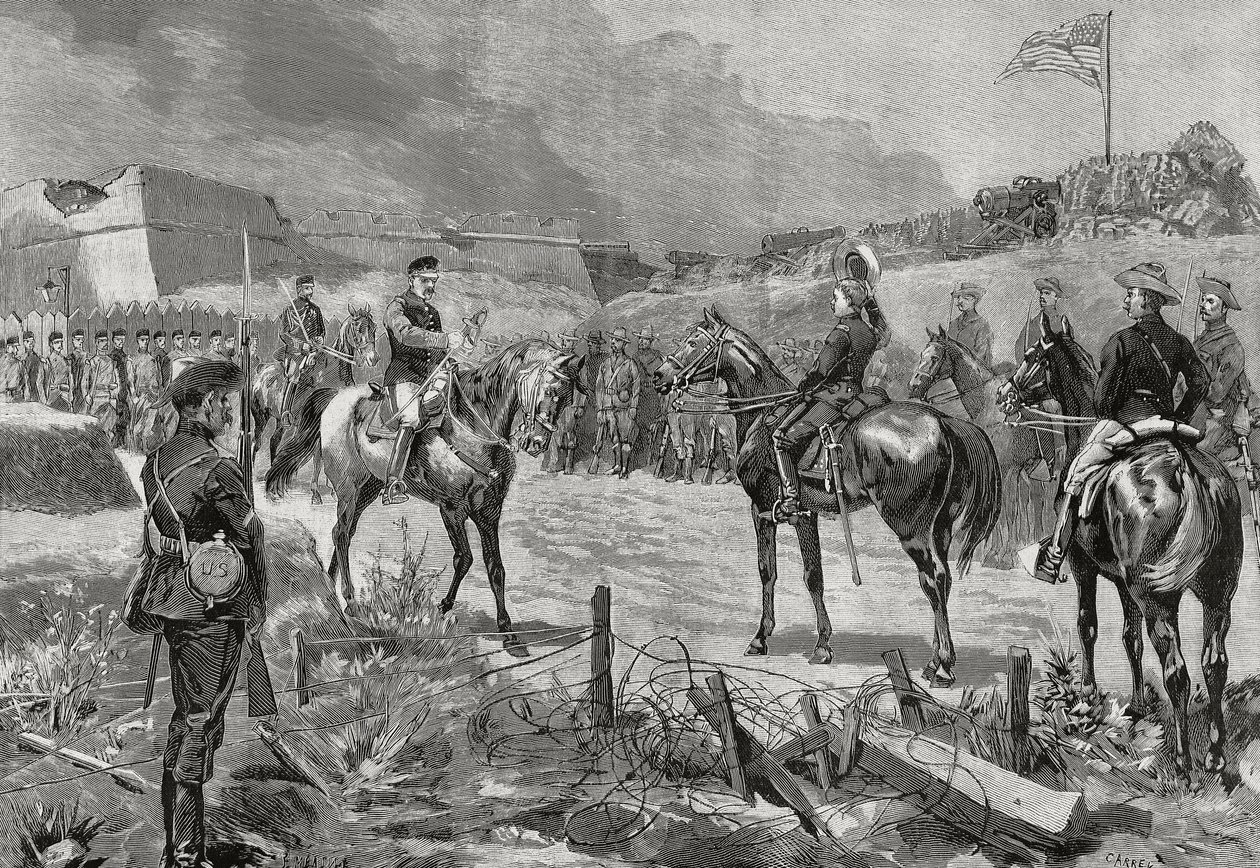 İspanyol General Jose Toral y Velazquez Amerikan birliklerine teslim oluyor, Santiago de Cuba, Temmuz 1898, İspanyol-Amerikan savaşı, Küba by Unbekannt Unbekannt