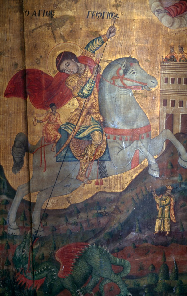 St George ve Dragon, Agia Paraskevi kilisesindeki ahşap panelin detayı, Anisaraki, Girit, Yunanistan (fotoğraf) by Unbekannt Unbekannt