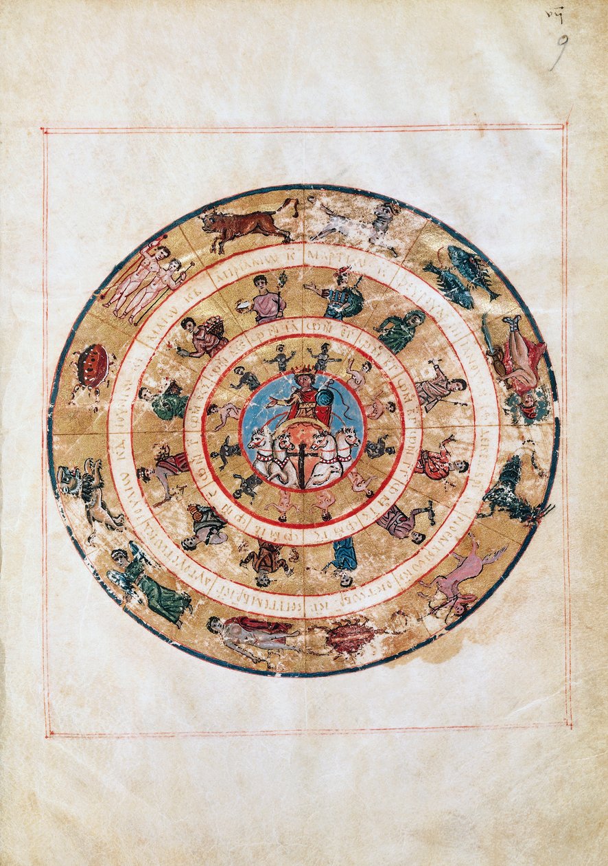 Güneş arabası ve Zodyak işaretleri, erken bir Orta Çağ el yazmasından minyatür, Ptolemy