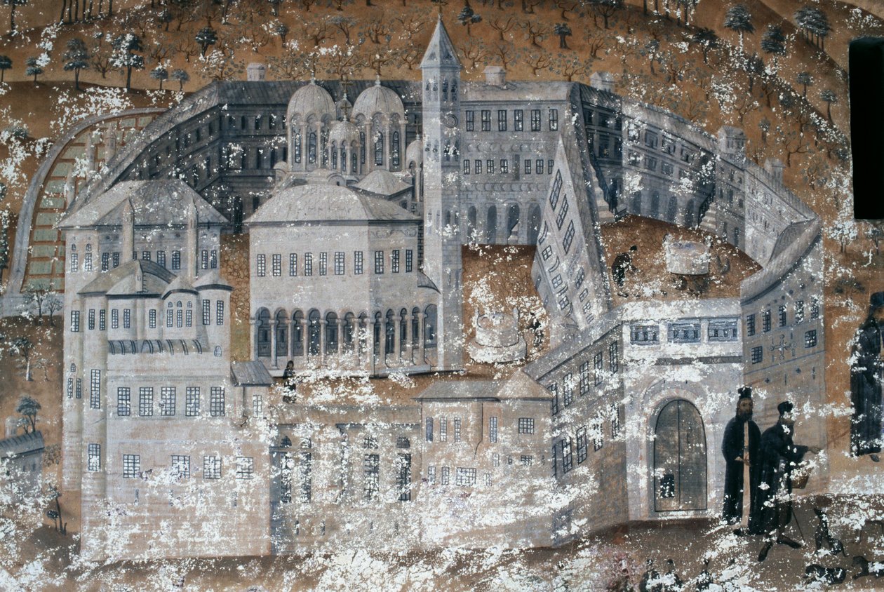 Manastırın görünümü, Ikosifinissis manastırındaki fresk, Serres, Yunanistan yakınlarındaki by Unbekannt Unbekannt