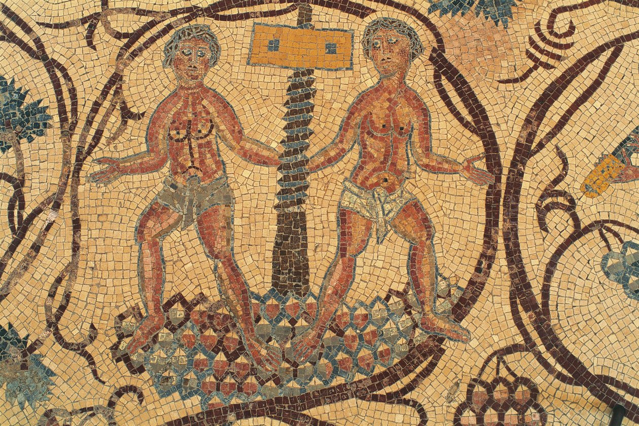 Şarap vidası presi, günlük yaşam sahneleri ile zemin mozaiği detayı, Saints Lot ve Procopius Kilisesi, Nebo, Khirbet al-Mukhayyat, Ürdün, Bizans uygarlığı, MS 6. yüzyıl by Unbekannt Unbekannt