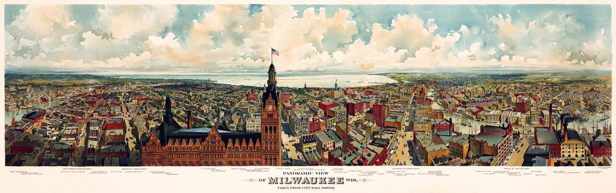 Belediye Binası kulesinden alınan Milwaukee, Wisconsin panoramik görünümü / The Gugler Lithographic Co. by Library of Congress