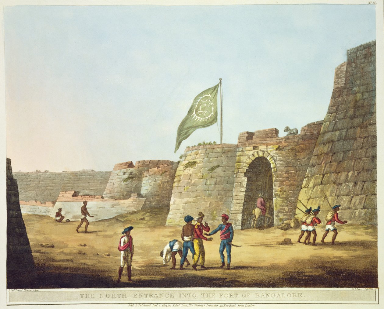 Bangalore Kalesi'ne Kuzey Girişi, 'Mysore Krallığında Pitoresk Manzara'dan 15 numaralı levha, H. Merke tarafından oyulmuş, pub. Edward Orme (1774-c.1820) 1804 (aquatint) tarafından by Lieutenant James Hunter