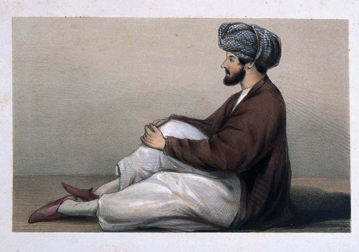 Binbaşı Chas Griffiths, 37. Yerli Piyade, Afgan elbisesiyle oturuyor, 1842 by Lieutenant Vincent Eyre